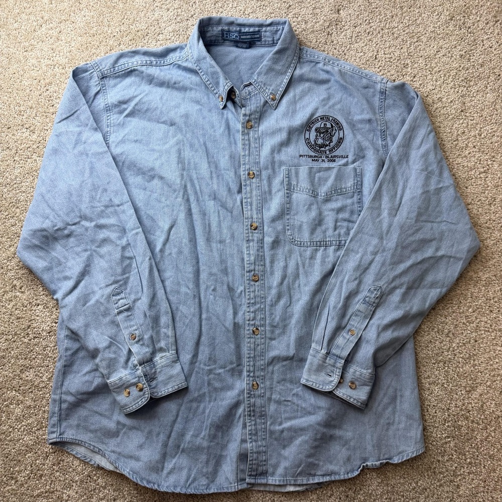Vintage Denim Shirt Mens XL Chambray Long Sleeve Button Up Bulldog Embroidered